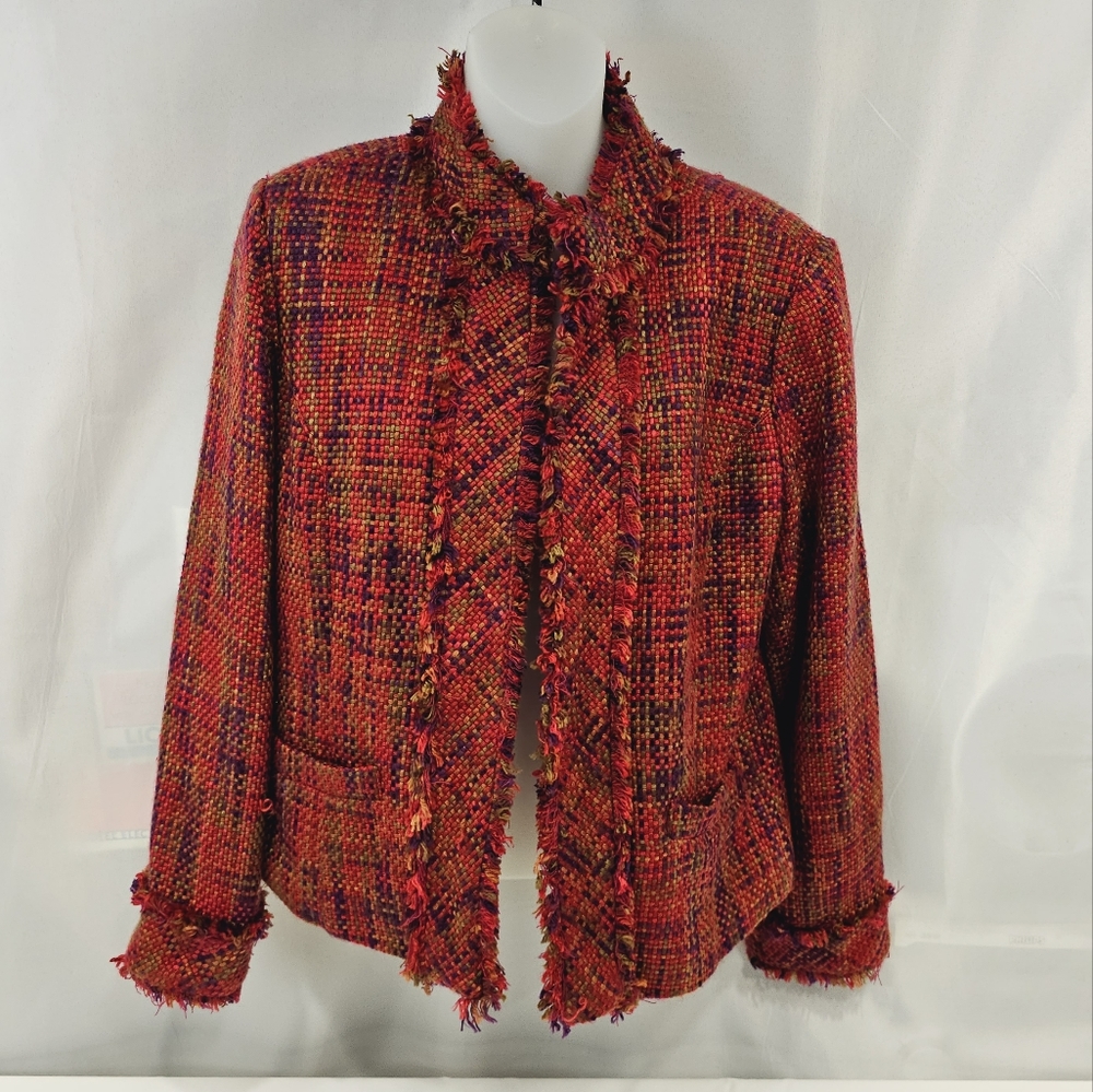 Coldwater Creek Woven Blazer Petite Medium Fringe Pink Purple Green Open Front